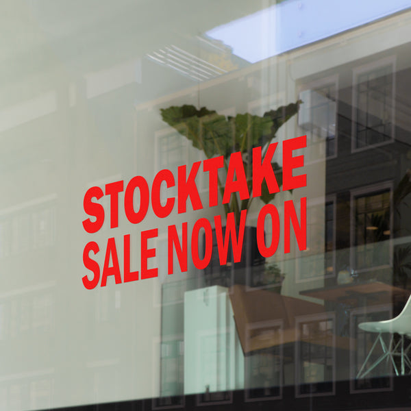 Computer cut self adhesive vinyl lettering "Stocktake Sale" Window Decal
