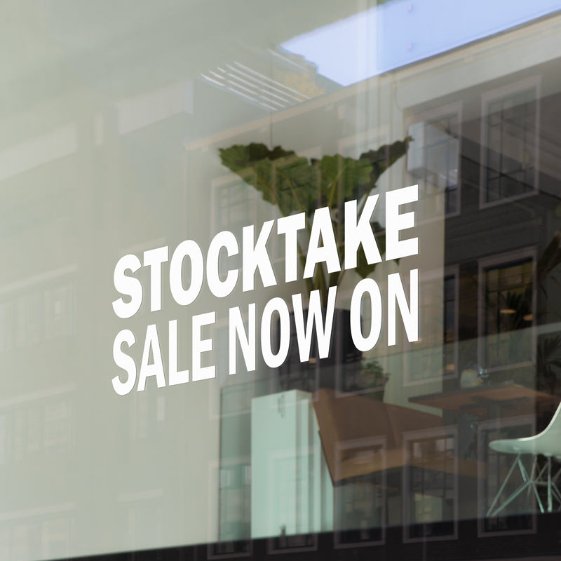 Computer cut self adhesive vinyl lettering "Stocktake Sale" Window Decal