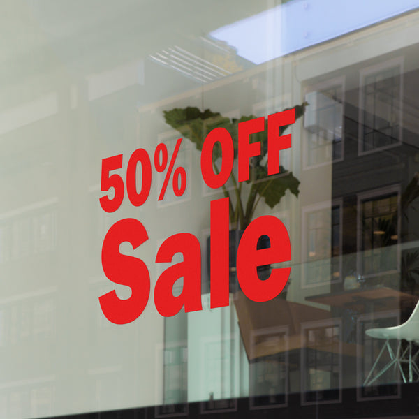 Computer cut self adhesive vinyl lettering "50% Off Sale" Window Decal